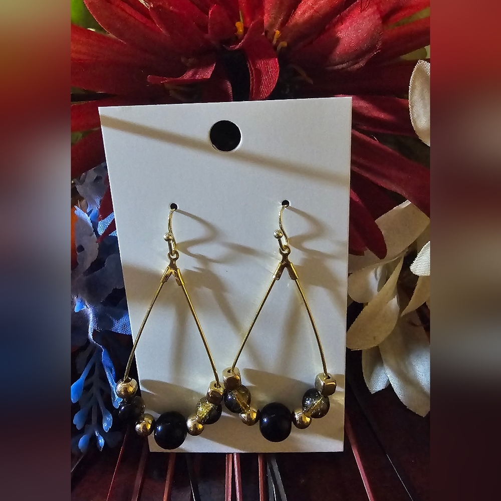 Elegant Gold and Black Beaded Earrings